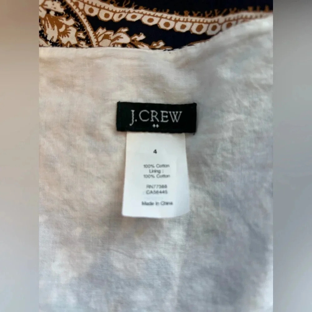 J. Crew Cecelia Paisley V Neck Brown White Tie Waist Knee Short Dress Size 4 - Picture 3 of 7